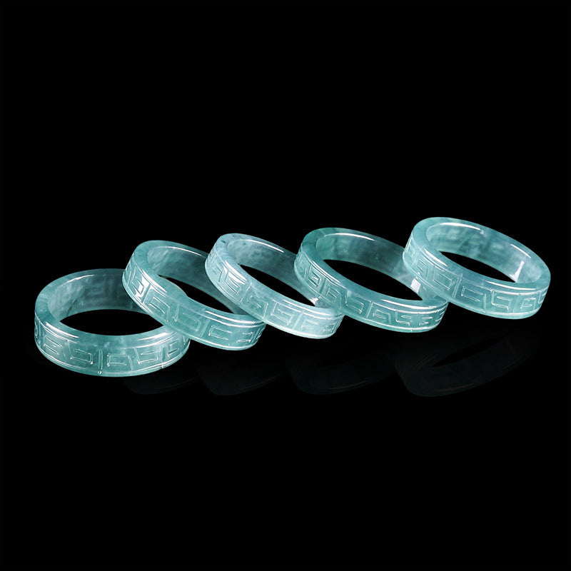 Grade A Ice-Type Blue Water Jadeite Jade Archaistic Motif Square Solid Band Ring