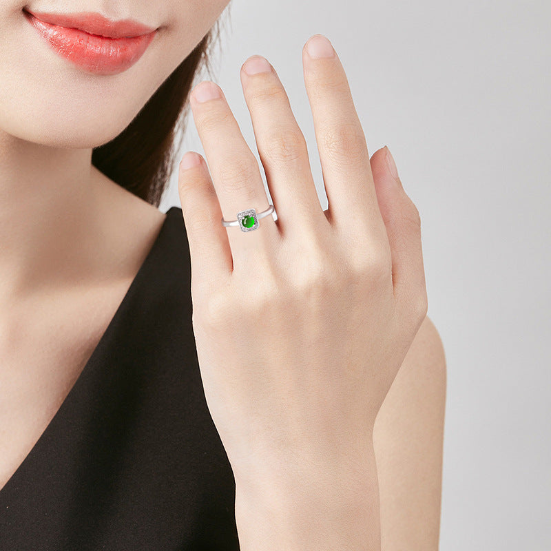 S925 Sterling Silver Set Grade A Ice-Type Vibrant Green Jadeite Cabochon Halo Adjustable Ring