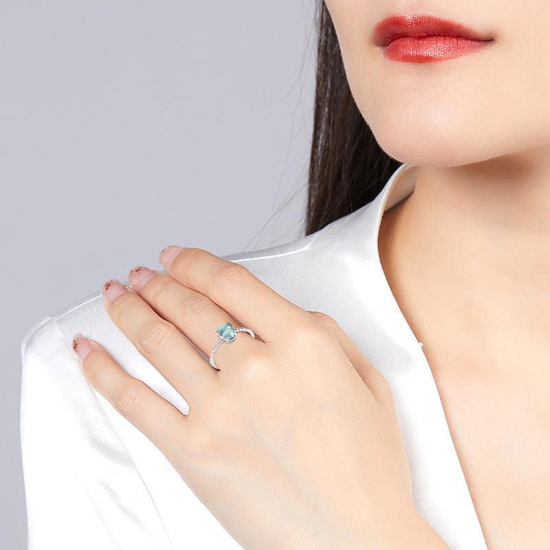 S925 Sterling Silver Set Grade A Ice-Type Blue Water Jadeite Jade Gourd Adjustable Ring
