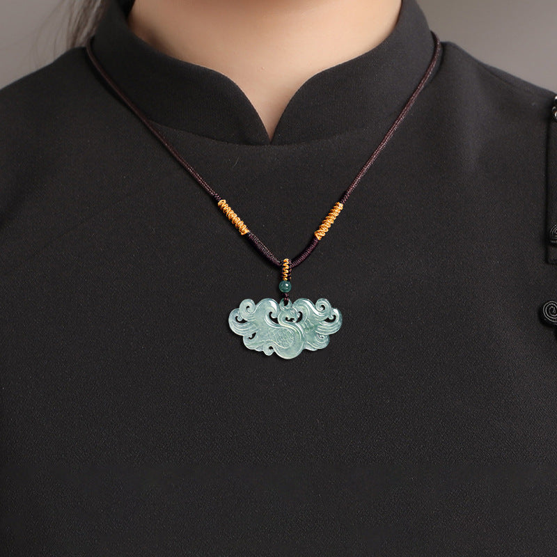 Blue Water Icy Jadeite Jade Phoenix Carved Pendant Necklace