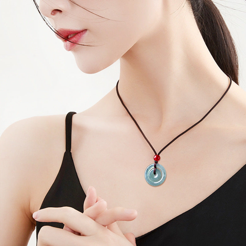 Blue Water Jadeite Jade Double Peace Buckle Pendant Necklace