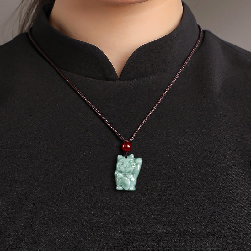 Blue Water Jadeite Jade Lucky Cat Pendant Necklace