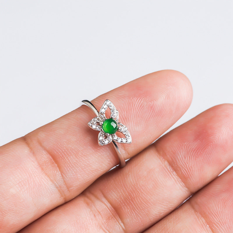 S925 Sterling Silver Set Grade A Ice-Type Vibrant Green Jadeite Jade Butterfly Adjustable Ring