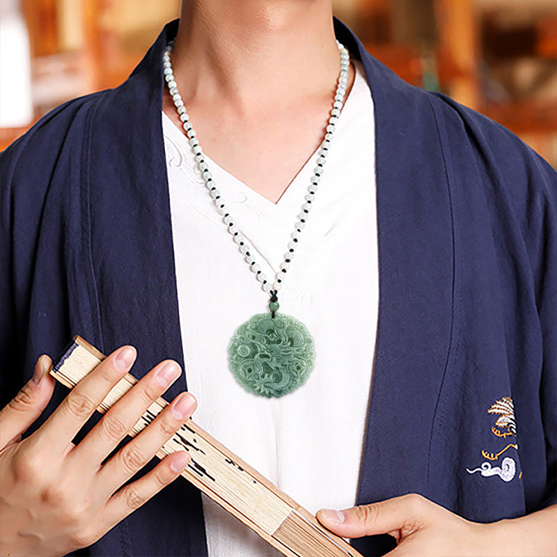 Grade A Icy Jadeite Jade Dragon and Wealth Coin Pendant Necklace