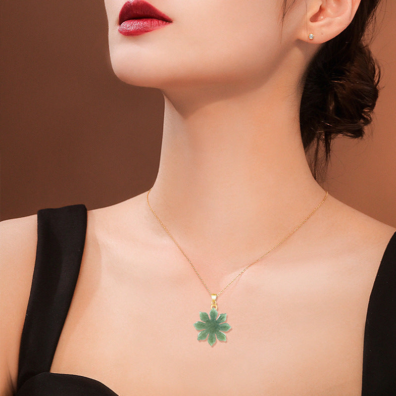 Grade A Jadeite Jade Sunflower S925 Silver Bail Pendant