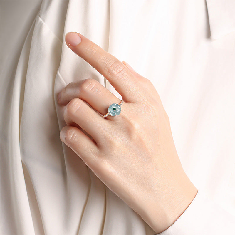 S925 Sterling Silver Set Grade A Ice-Type Blue Water Jadeite Jade Blossom Adjustable Ring