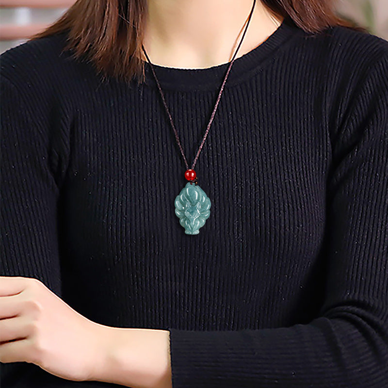 Blue Water Jadeite Jade Nine-Tailed Fox Pendant Necklace