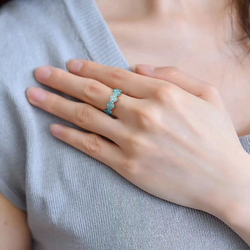 Grade A Ice-Type Blue Water Jadeite Jade Three-Dimensional Four-Leaf Clover Solid Band Ring