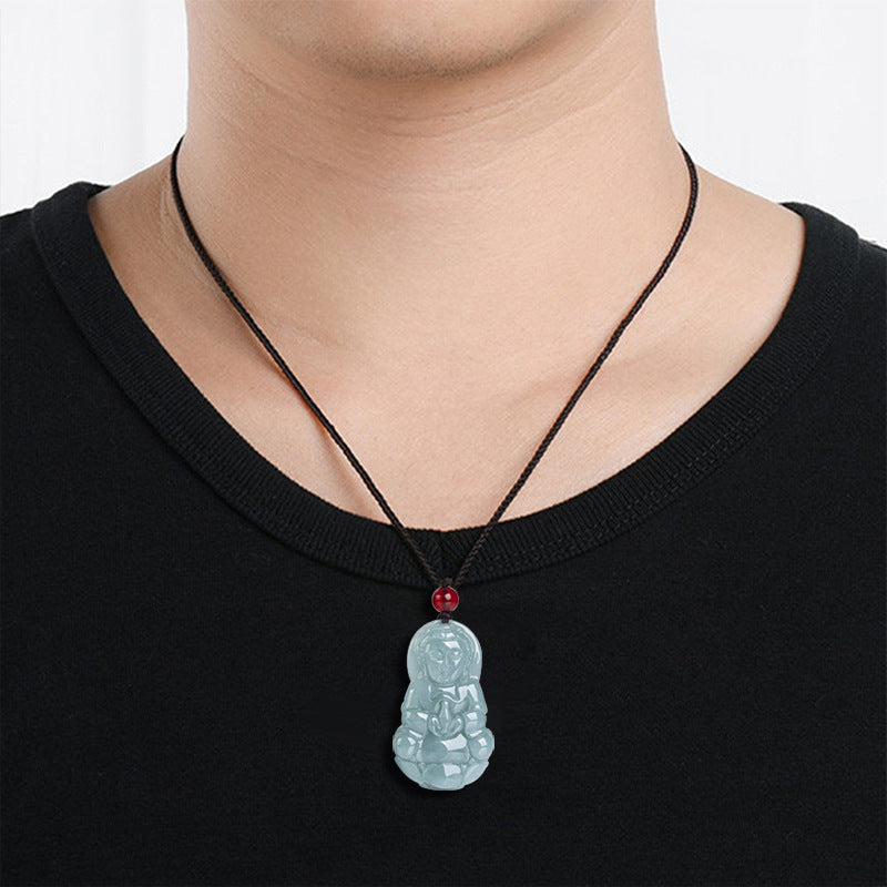 Blue Water Ice Jadeite Jade Guanyin and Laughing Buddha Pendant Necklace Set