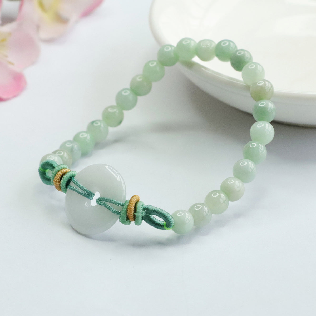 Blue Water Jadeite Jade Beaded Bracelet with Ping An Kou Centerpiece