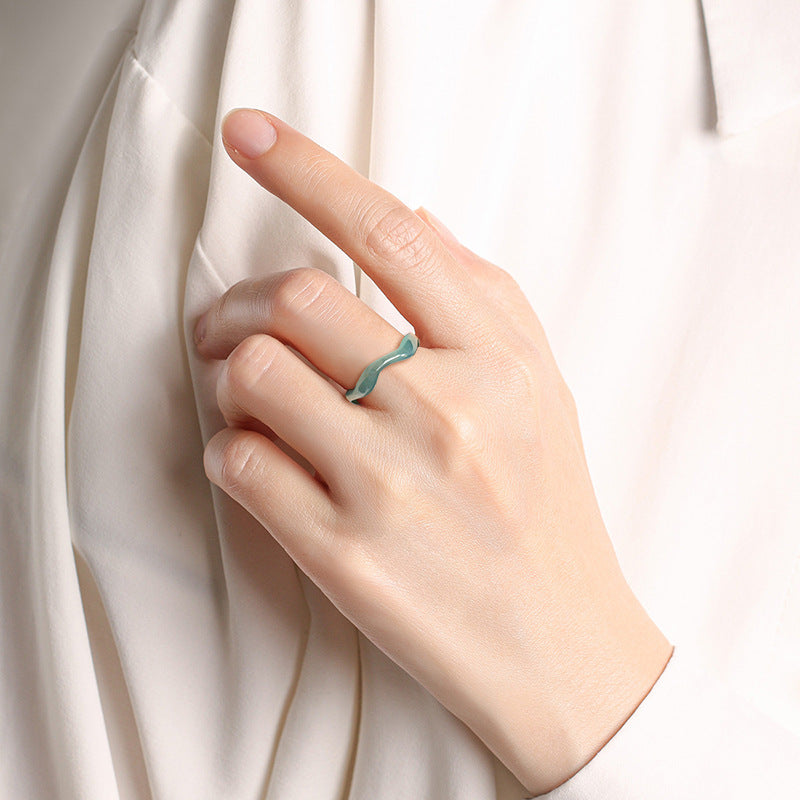 Grade A Ice-Type Blue Water Jadeite Jade Ripple Carved Solid Band Ring