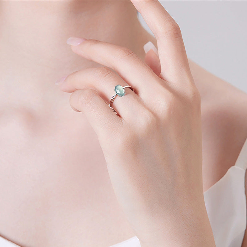 S925 Sterling Silver Set Grade A Ice-Type Blue Water Jadeite Jade Oval Cabochon Adjustable Ring