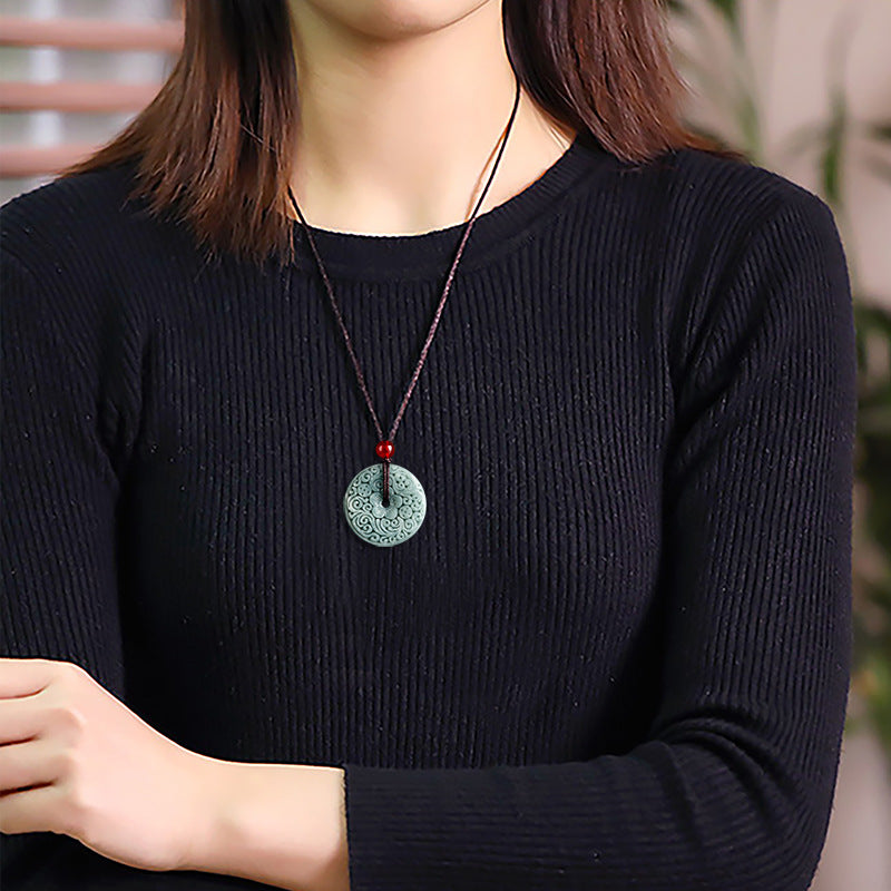 Blue Water Jadeite Jade Vintage Carved Peace Buckle Pendant Necklace