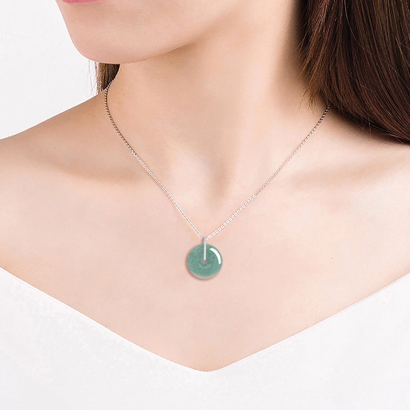 Grade A Green Jadeite Jade Peace Buckle S925 Silver Cubic Zirconia Pendant Necklace
