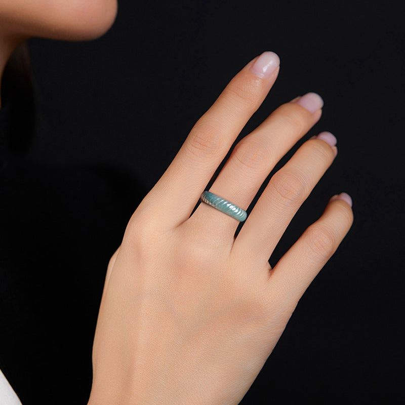 Grade A Ice-Type Blue Water Jadeite Jade Dragon Scale Carved Solid Band Ring