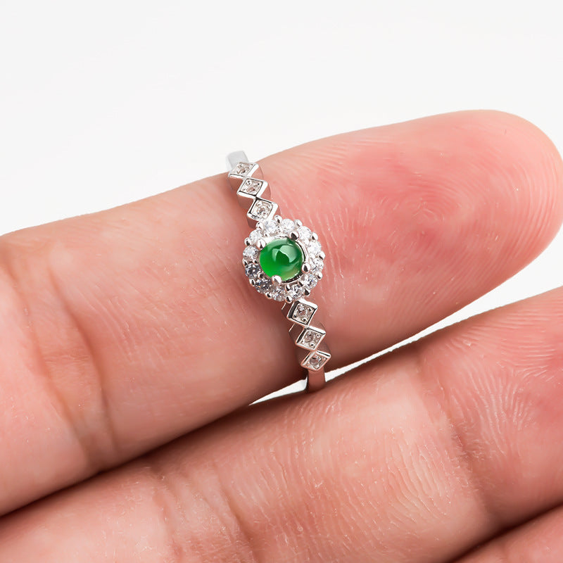 S925 Sterling Silver Set Grade A Ice-Type Vibrant Green Jadeite Cabochon Geometric Halo Adjustable Ring