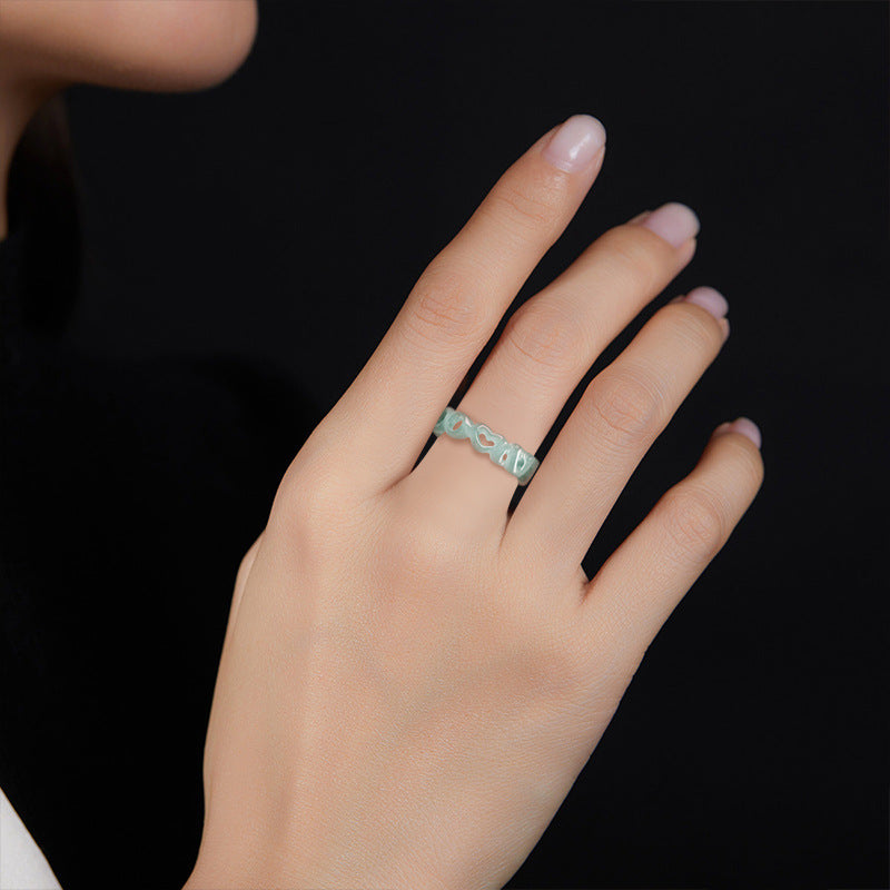 Grade A Ice-Type Blue Water Jadeite Jade LOVE Script Carved Solid Band Ring