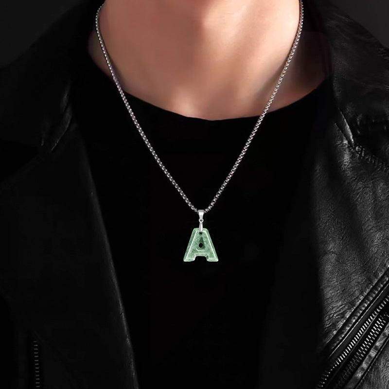 Grade A Jadeite Jade Alphabet Letter S925 Silver Bail Pendant Necklace