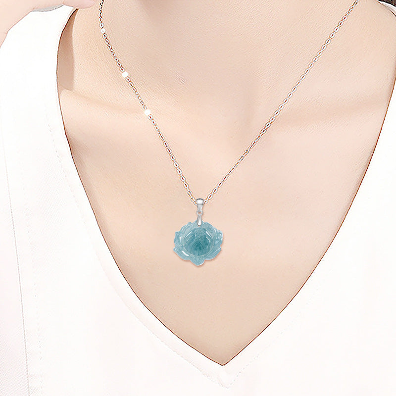 Blue Water Ice Jadeite Jade Lotus Flower S925 Silver Pendant Necklace