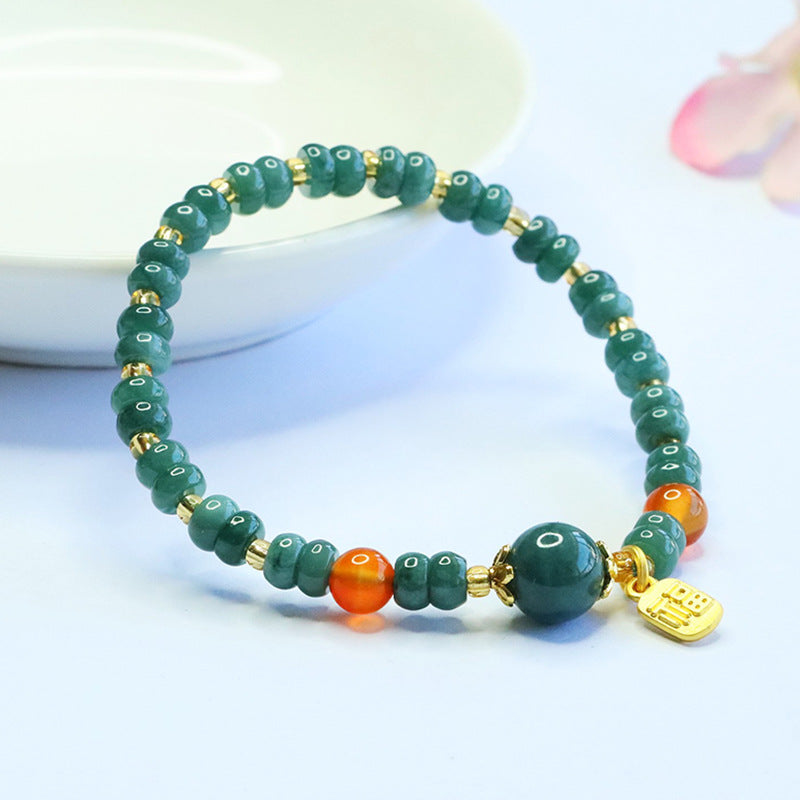 Blue Water Jadeite Abacus Bead and Agate Beaded Bracelet with Fu Coin Pendant