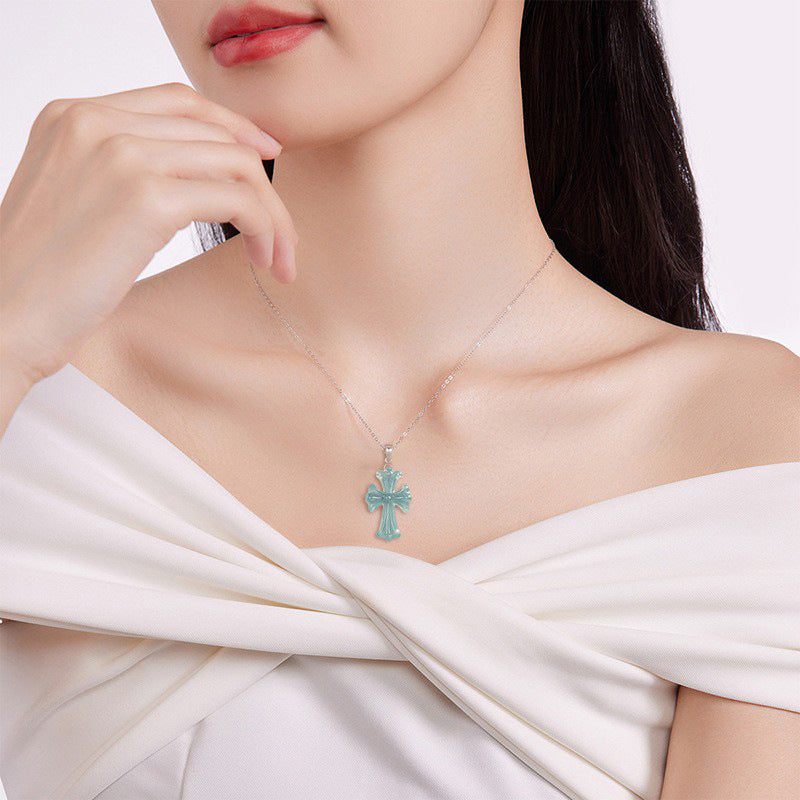 Blue Water Jadeite Jade Cross S925 Silver Pendant Necklace