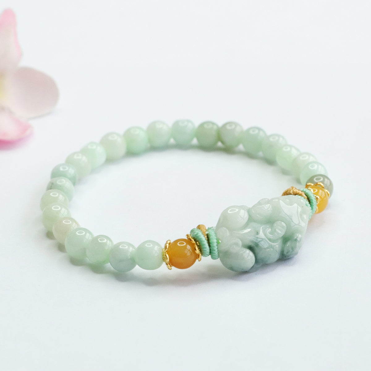 Burmese Grade A Jadeite Jade Pi Xiu Beaded Bracelet with Yellow Jade and Cord Accents