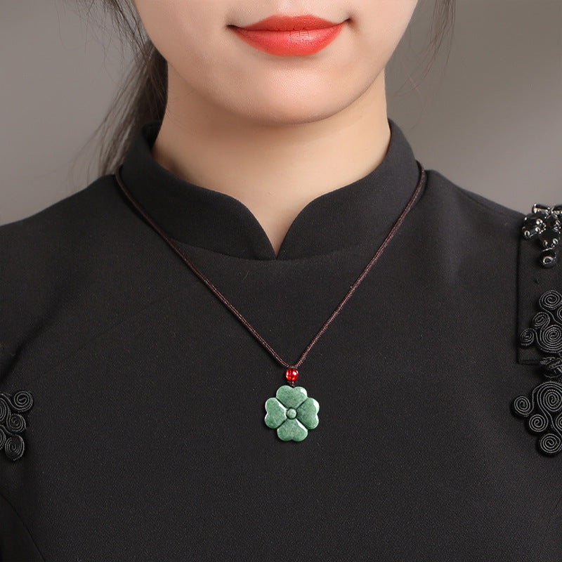 Grade A Jadeite Jade Four-Leaf Clover Pendant Necklace