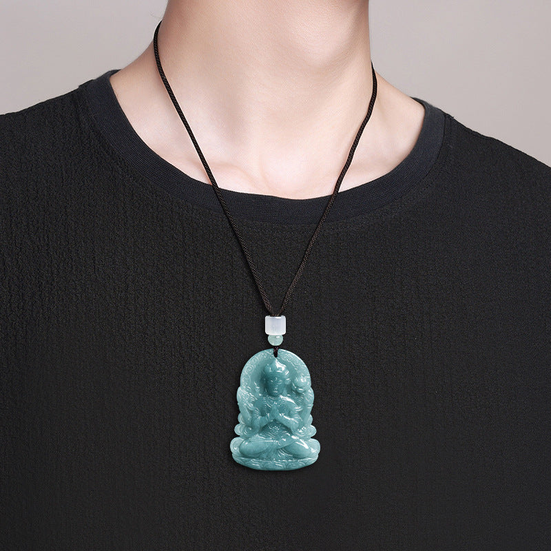 Blue Water Jadeite Jade Four-Armed Guanyin Pendant Necklace