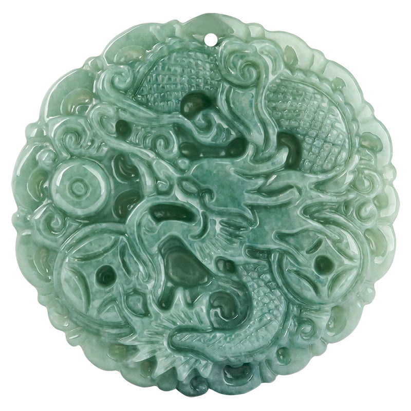 Grade A Icy Jadeite Jade Dragon and Wealth Coin Pendant Necklace