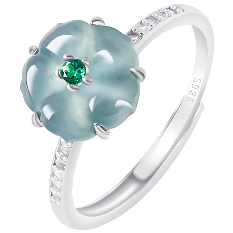 S925 Sterling Silver Set Grade A Ice-Type Blue Water Jadeite Jade Blossom Adjustable Ring