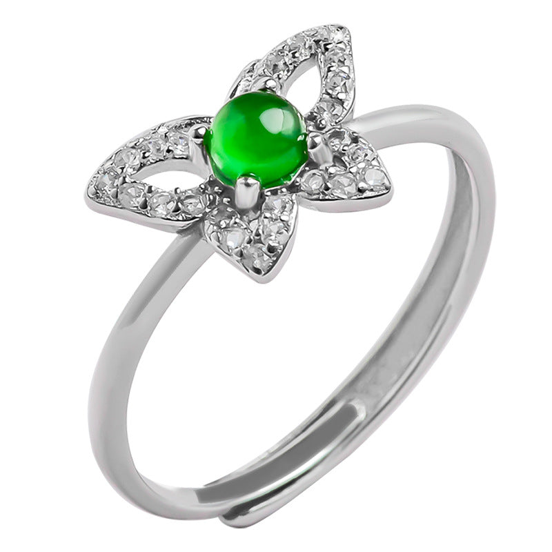 S925 Sterling Silver Set Grade A Ice-Type Vibrant Green Jadeite Jade Butterfly Adjustable Ring