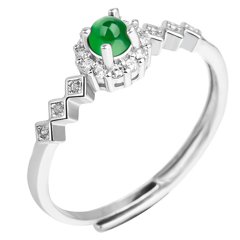 S925 Sterling Silver Set Grade A Ice-Type Vibrant Green Jadeite Cabochon Geometric Halo Adjustable Ring