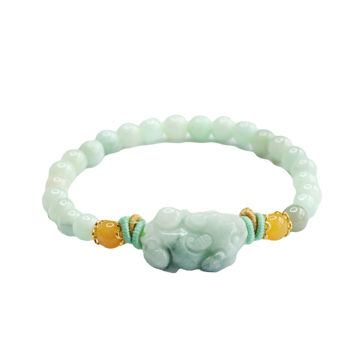 Burmese Grade A Jadeite Jade Pi Xiu Beaded Bracelet with Yellow Jade and Cord Accents