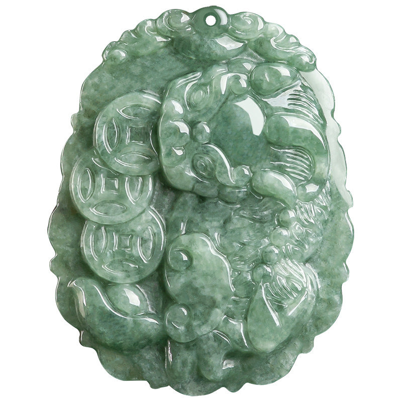Grade A Ice Jadeite Jade Pixiu & Triple Wealth Coins Pendant Necklace