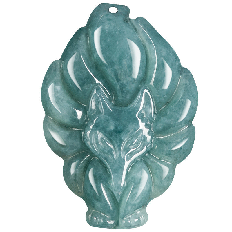 Blue Water Jadeite Jade Nine-Tailed Fox Pendant Necklace