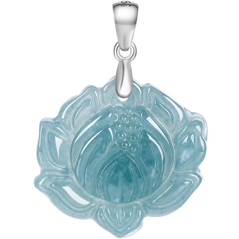Blue Water Ice Jadeite Jade Lotus Flower S925 Silver Pendant Necklace