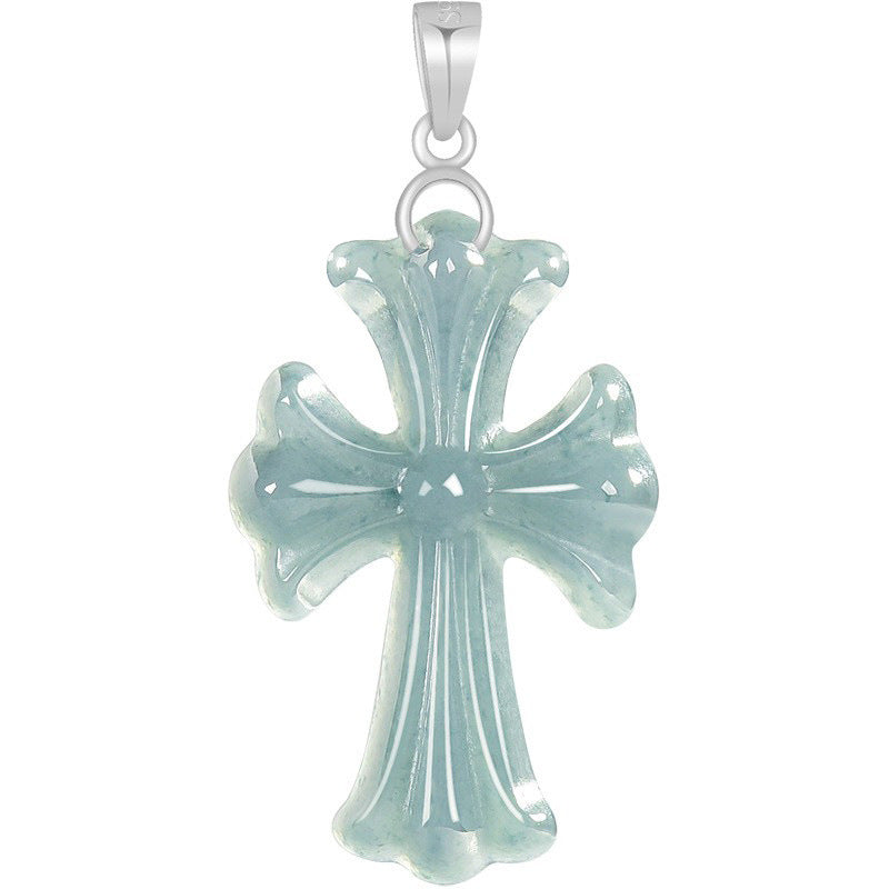 Blue Water Jadeite Jade Cross S925 Silver Pendant Necklace