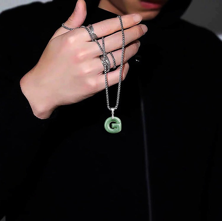 Grade A Jadeite Jade Alphabet Letter S925 Silver Bail Pendant Necklace