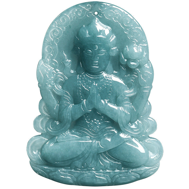 Blue Water Jadeite Jade Four-Armed Guanyin Pendant Necklace