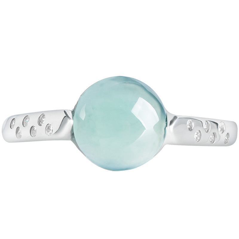 S925 Sterling Silver Set Grade A Ice-Type Blue Water Jadeite Jade Cabochon Minimalist Adjustable Ring