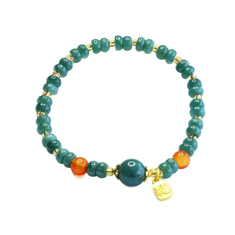 Blue Water Jadeite Abacus Bead and Agate Beaded Bracelet with Fu Coin Pendant