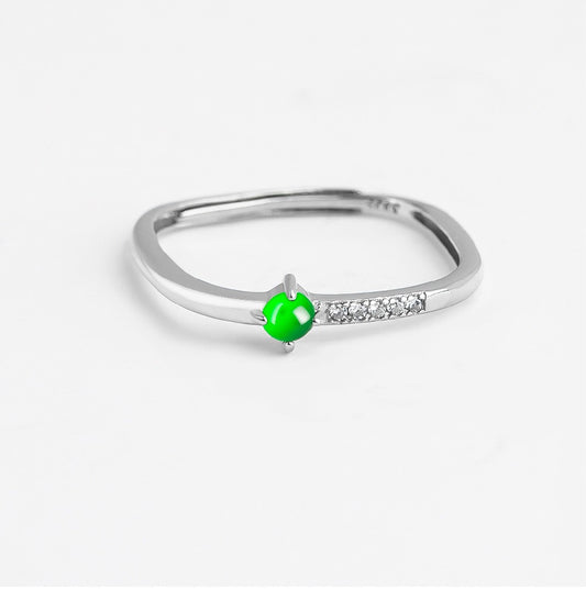 S925 Sterling Silver Set Grade A Ice-Type Vibrant Green Jadeite Cabochon Minimalist Ring