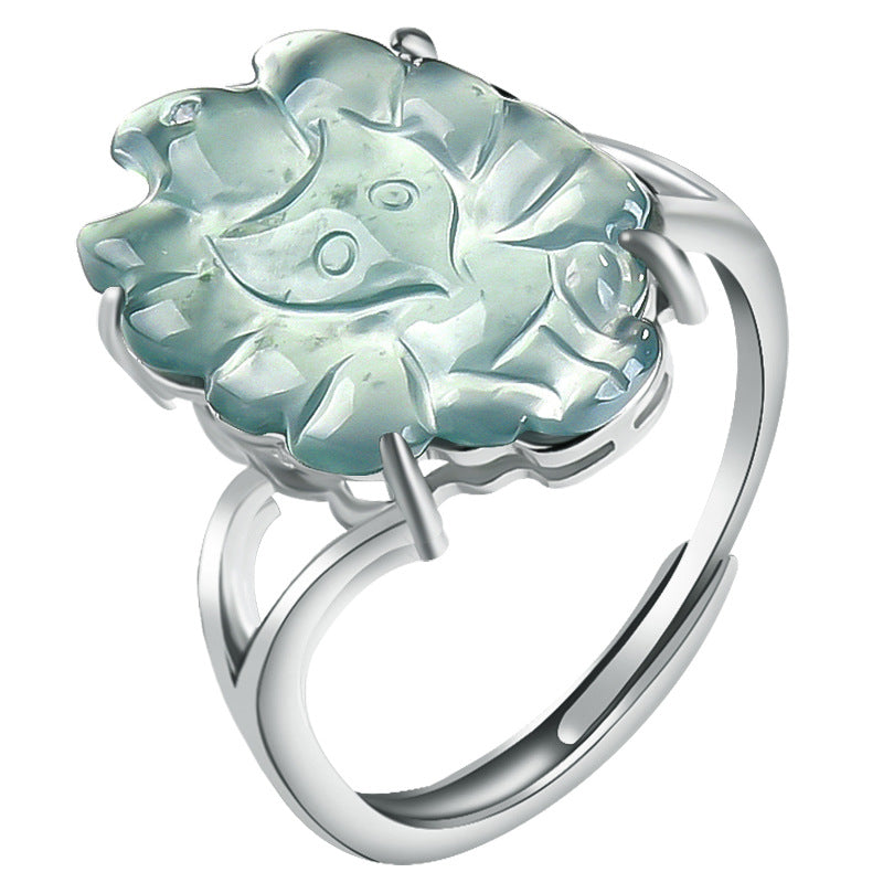S925 Sterling Silver Set Grade A Ice-Type Blue Water Jadeite Jade Nine-Tailed Fox Adjustable Ring