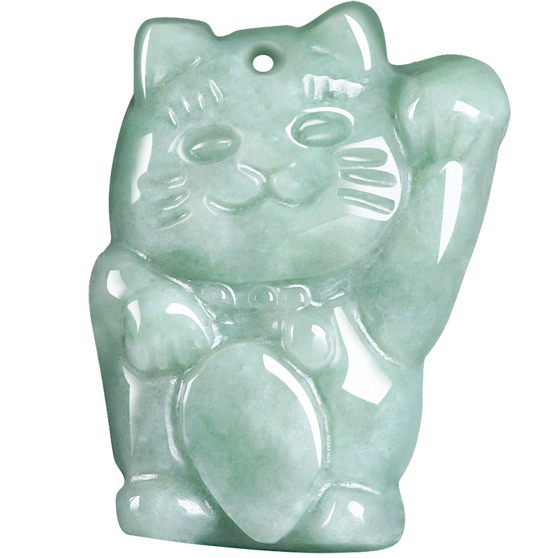 Blue Water Jadeite Jade Lucky Cat Pendant Necklace