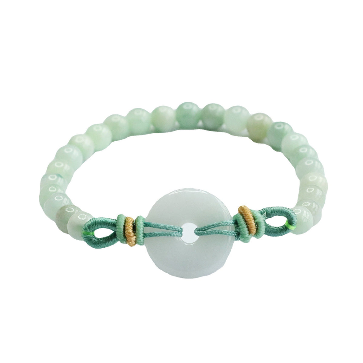 Blue Water Jadeite Jade Beaded Bracelet with Ping An Kou Centerpiece