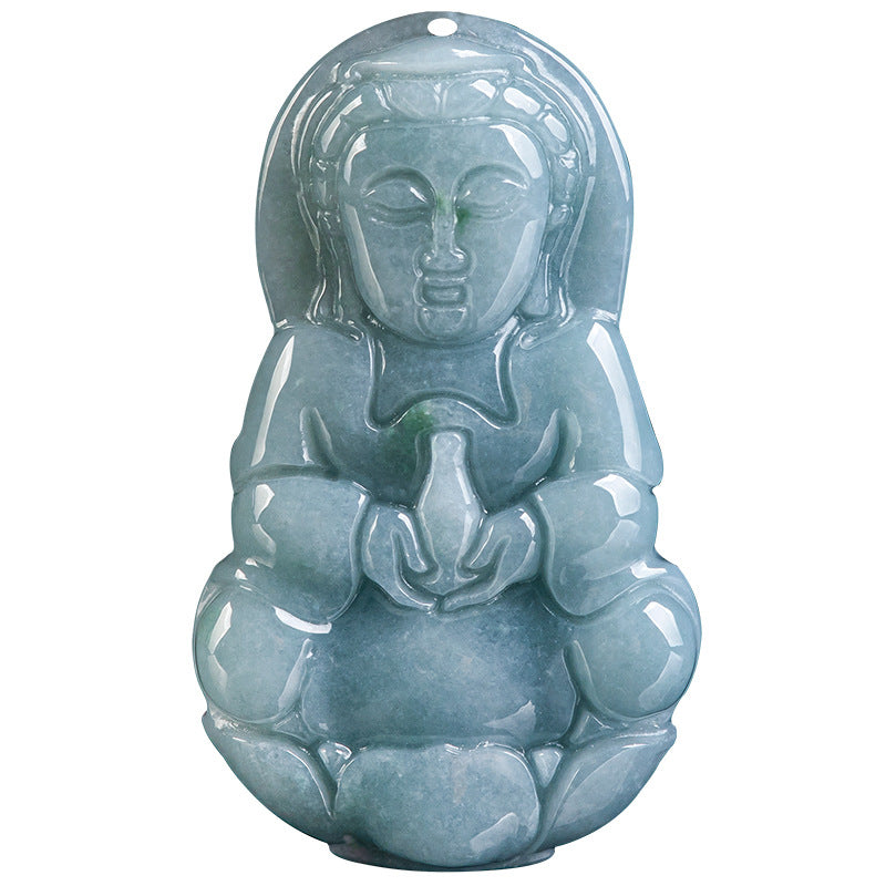 Blue Water Ice Jadeite Jade Guanyin and Laughing Buddha Pendant Necklace Set