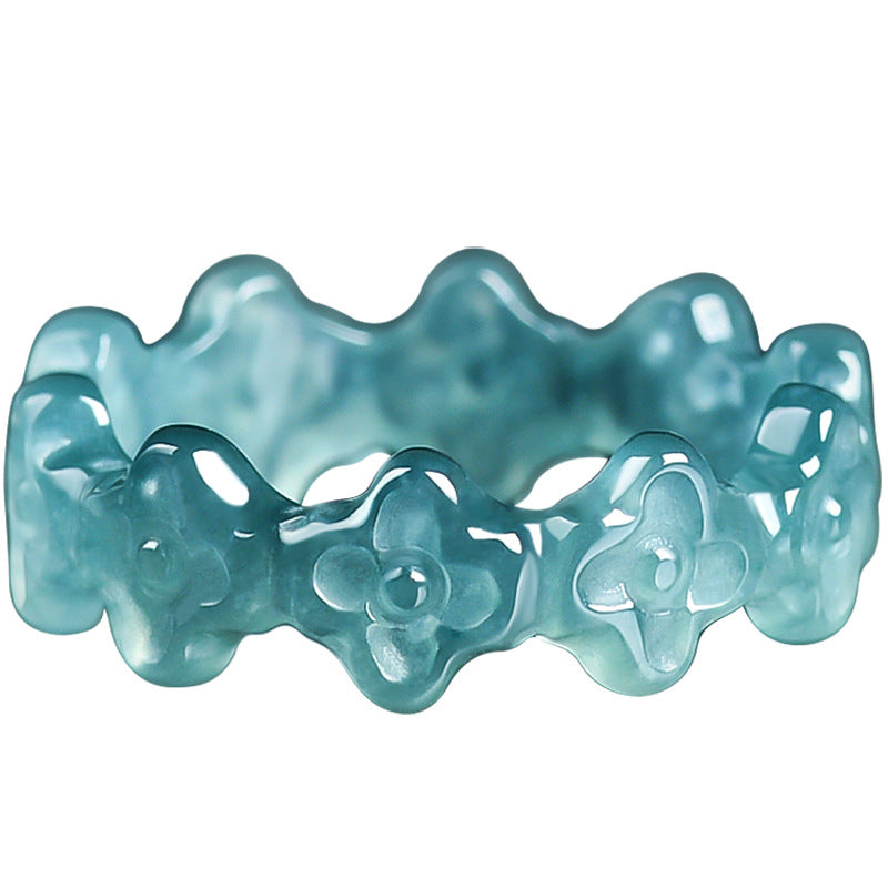 Grade A Ice-Type Blue Water Jadeite Jade Three-Dimensional Four-Leaf Clover Solid Band Ring