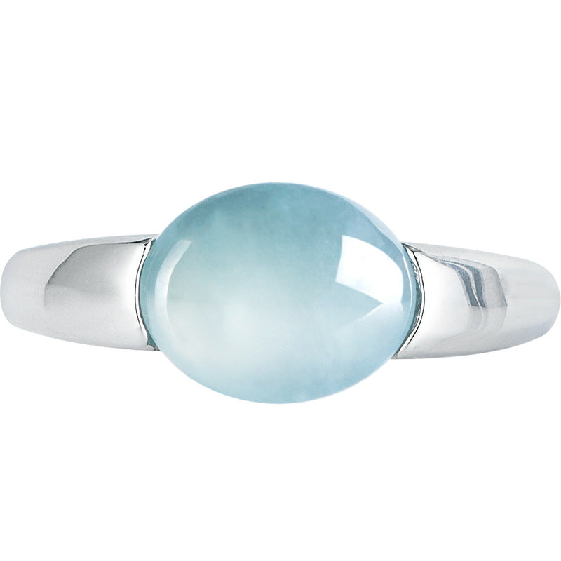 S925 Sterling Silver Set Grade A Ice-Type Blue Water Jadeite Jade Smooth Cabochon Adjustable Ring