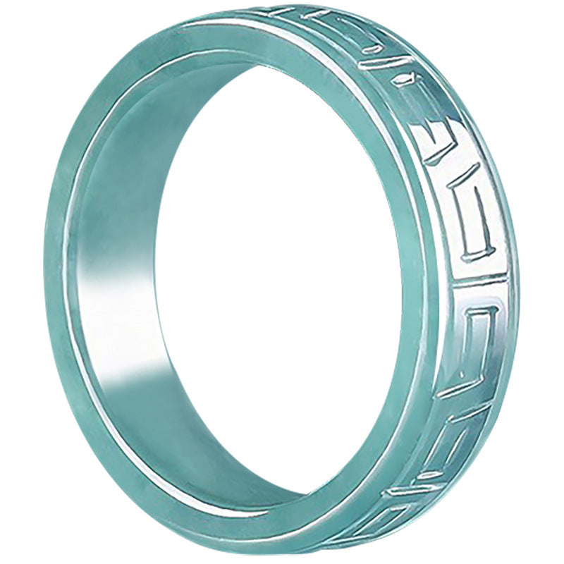 Grade A Ice-Type Blue Water Jadeite Jade Archaistic Motif Square Solid Band Ring