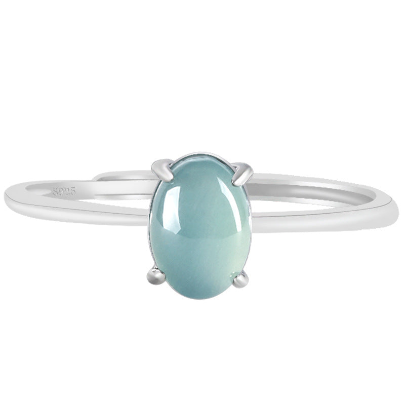S925 Sterling Silver Set Grade A Ice-Type Blue Water Jadeite Jade Oval Cabochon Adjustable Ring